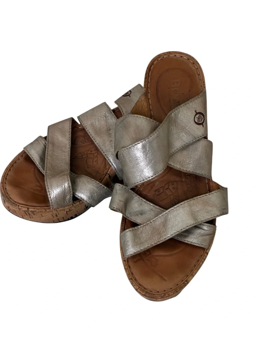 Born | Cork wedge silver metallic genuine leather wedge crisscross sandals sz 8